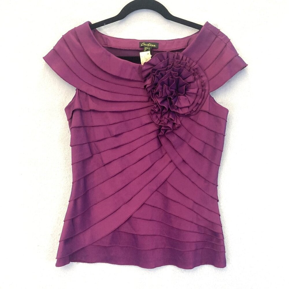 Cartise Cap Sleeve Tiered‎ Blouse Womens 6 Evening Purple Flower Office Top NWT